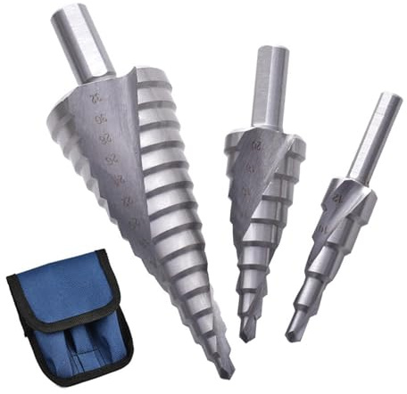 3PCS HSS Spiral Step Drill Bit Sets, High Speed Steel Step Drill Bits, 4-12/20/32mm Hex Shank Metric Cone Cutter, 4-Flute Metal Drill Bits, Hole Cutter Cone D-rill Bit for Metal, Steel Plate