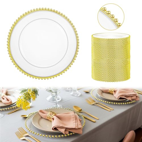 sansaieco 20 Pcs Clear Charger Plates with Beaded Rim 13 Inch Acrylic Gold Beaded Charger Plates Bulk for Wedding Party Dinner Birthday Table Events Decoration
