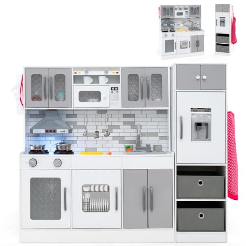 COSTWAY Kids Wooden Kitchen, 2-Piece Modular Toy Kitchen Set with Lights, Sounds, Water Circulation, Refrigerator, Cookware, Large Pretend Role Play Kitchens for Ages 3+ (Grey+White)