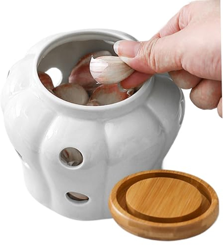 Garlic Storage, Garlic Pot 4x4in Vented Freshness Ceramic Kitchen Keeper Large Opening With Lid Countertop Non-Slip Hollow Stylish Storage for Onions, Ginger (White)