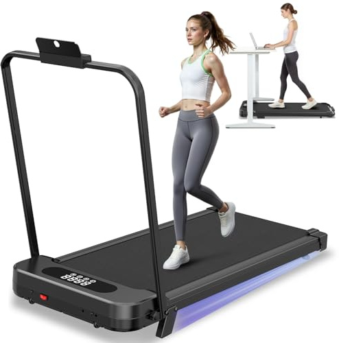 Dskeuzeew Walking Pad treadmill 7% Incline Foldable with Handle Bar, 8KM/H Folding Running Machine Portable Under Desk for Home Office, Compact Mini for Small Spaces, Safety Lock, Remote Control