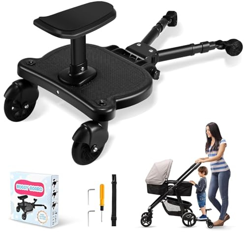 ENERHUB Buggy Board mit Sitz, Trittbrett für Kinderwagen Universal, kiddy Board, Kompatibel mit 99% Kinderwagen, für Kinder von 2-6 Jahren Tragkraft 25kg (Schwarz)