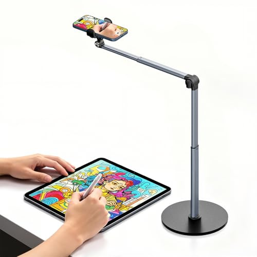 MoKo Overhead Stativ Handy, Handy Stativ Tisch für iPhone | Aluminium, Winkel- & Höhenverstellbar, Teleskoparm mit Clip, Handyhalterung Tisch für Aufnahmen, Live-Streaming & Kochen