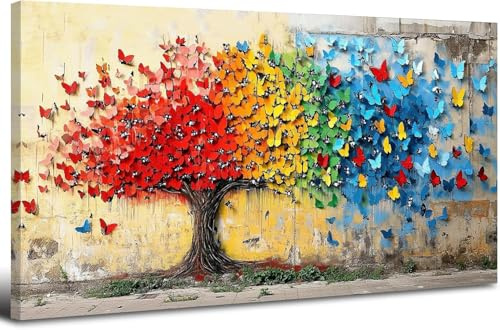Mit Rahmen Leinwand Bilder Bunte Baum des Lebens Bild auf Leinwand Wandkunst Abstrakte Blüte Blumen Schmetterling Malerei Poster Moderne Wanddekoration Wohnzimmer Schlafzimmer Heim Dekoration 50x100cm