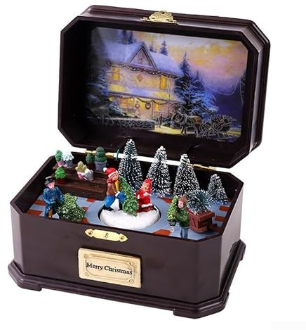 Adorno luminoso de caja de música alimentado por USB para Navidad, decoración navideña giratoria con melodías melódicas y efectos brillantes para el hogar, jardín, uso al aire libre (estilo de niños)