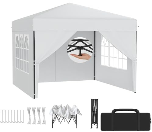 XMTECH Fällbar paviljong 3 x 3 m trädgårdspaviljong – 3-vägs justerbar höjd 2,4–2,6 m, en knapp-installation, paviljong UV-skydd, vattentät, stabil, 210D oxfordtyg – vit, med 4 sidodelar