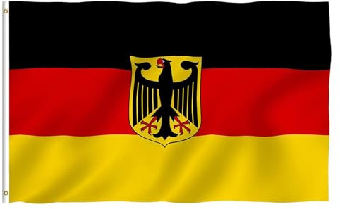 Bandera de Alemania con águila, 90x150 cm, de poliéster con 2 ojales metálicos, resistente a la intemperie y con doble costura, ideal para fiestas, eventos deportivos, balcones y jardines (A).