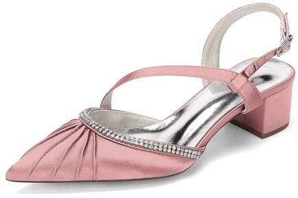 HFWXYSA Zapatos de Novia Mujer Satén Punta Afilada Talón Bloque 4,5CM Pedrería Boda Noche Fiesta Vestido,Rosado,36 EU