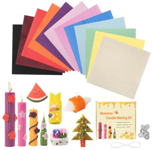 X-BLTU 12 Pcs Beeswax Candle Making Kit, Beeswax Sheets for Adults | 3m Cotton Wicks, 10 wax wick holders, 12 Colours Candle Sheets for DIY Rolling Candles, Crafts, Family Activities, 20 x 20 CM