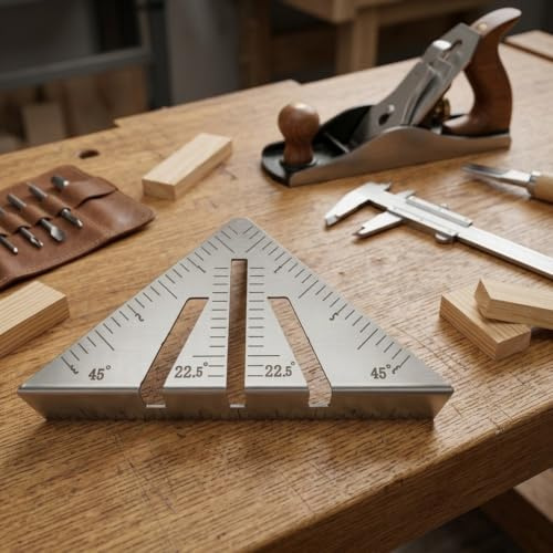 22,5°-90° Mitre fyrkantig linjal, tjock metall triangel layoutverktyg med lång hypotenuse-fläns för svetsning, inramning, rörskärning och metallbearbetning, silver (liten)
