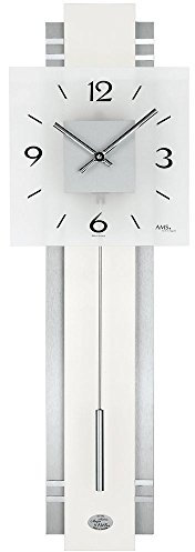 Hochwertige AMS 7302 Pendel Wanduhr geräuscharm, Pendeluhr Wohnzimmer modern aus Holz Metall und Glas-Ziffernblatt, schmaler Pendel
