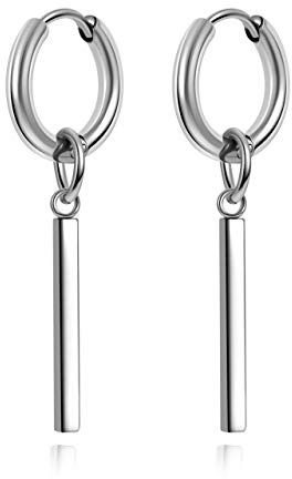PiercingJak 1.2mm Edelstahl Abtrennbar Ohrpiercing Creole Kreolen mit Rechteck Anhänger Ohrringe Ohr Piercing Set, Silber/Schwarz