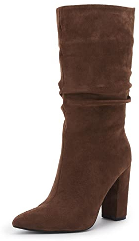 Syktkmx Womens Mid Calf Dress Boots Slouchy Pointed Toe Fall Winter Chunky Block High Heel Slip on Boots