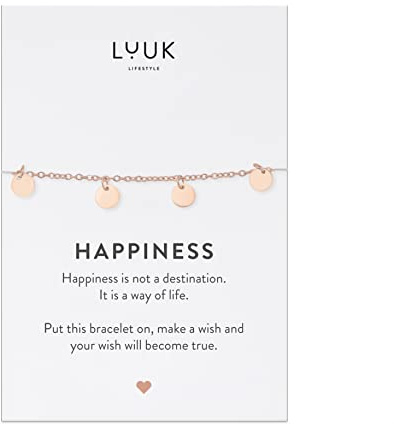 LUUK LIFESTYLE Moderne Edelstahl Damen Armbänder mit Anhänger, HAPPINESS Spruchkarte, filigraner Damenschmuck, Geschenkidee, Glücksbringer, Gold, Silber und Roségold
