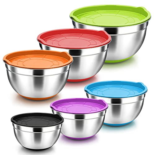 Herogo Lot de 6 bols mélangeurs en acier inoxydable avec couvercles hermétiques, bols de cuisine, sols en silicone antidérapants et marques de mesure, 0,8 l, 1,4 l, 1,7 l, 2,4 l, 4 l, 7,5 l