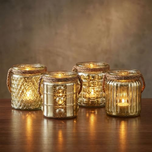 4er Set Windlicht Glas Gold H10cm Gelb Teelichthalter Tischdeko Kerzen Deko Retro Kerzenhalter Flachs