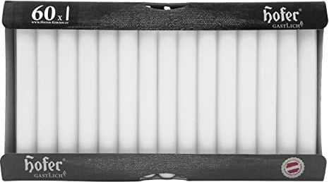 Hofer Candele lunghe da tavola, set da 60 pezzi (1 x 60), dim. 21,5 x 180 mm, colore bianco, lunga durata circa 5 ore, set di 60 candele a punta in cera antigoccia, prodotto in Austria