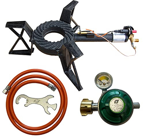 Tevex Gas-Hockerkocher 3-Fuß mit Gussbrenner, 10,5 kW - Gaskocher Outdoor mit Manometer, 2 m Schlauch, Druckregler & Gasflaschenschlüssel für Camping
