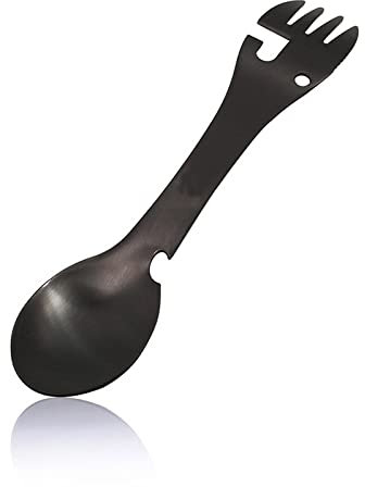 Edelstahl Camping Besteck 5 In 1 Multifunktions Löffel Gabel Messer Flasche&Dosenöffner für Reisen Wandern Picknick, Schwarz