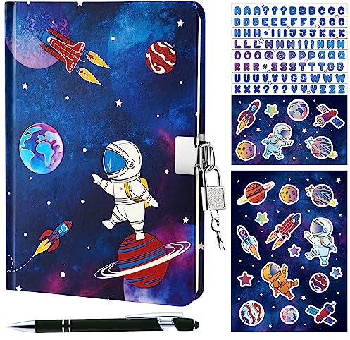WERNNSAI Tagebuch Kinder Set für Jungen, Weltraum Leuchtendes Tagebuch mit Schloss und Schlüssel, Notizbuch mit Stift und Aufklebern Geburtstag Weihnachten Geschenke, Zum Schreiben und Zeichnen