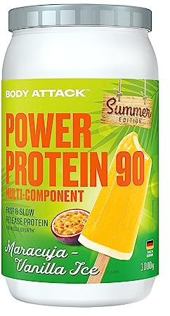Body Attack POWER PROTEIN 90 - Maracuja-Vanilla Ice - 1kg Dose - Mehrkomponenten Protein Pulver, Made in Germany - Mit BCAA, Vitaminen & L-Carnitin - Protein Shake extra cremiger Geschmack
