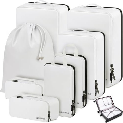 Koffer Organizer Set 8-teilig, Packtaschen für Koffer, Packing Cubes Set für Reise,Packtaschen mit Kosmetiktasche (Weiß, 8-teilig)