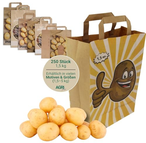 AGRI plus Kartoffeltüten Happy Potato 1,5 kg I 250 Stück I Biologisch abbaubare Papiertragetaschen in 180 x 80 x 220 mm I Robuste Kartoffeltragetaschen aus 90 g/m² Kraftpapier