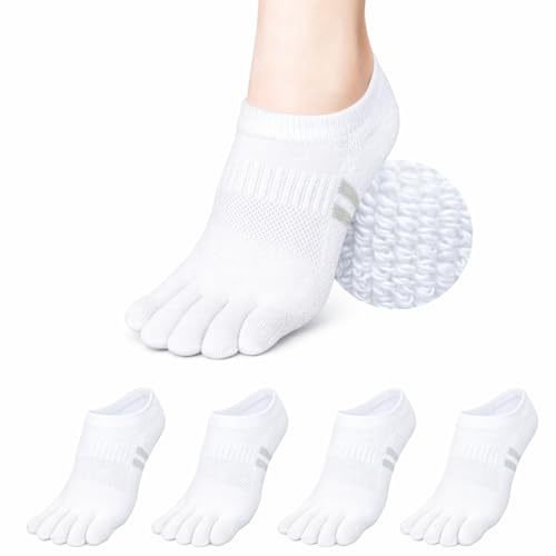 soxsense Cushion No Show Toe Socks For Women Five Finger Socks Low Cut Athletic Running Socks 4 Pairs (US, Alpha, Small, Regular, Regular, White)