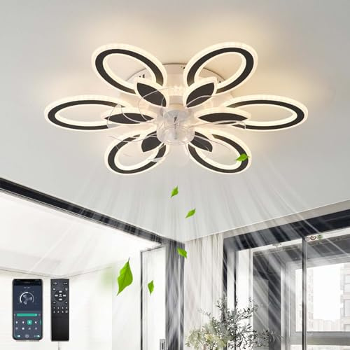QINGYING 78W Ventilador Techo Con Luz Y Mando A Distancia, Lámpara Ventilador Techo Flor Diseño Silencioso Regulable, Luz Techo Ventilador Reversible 6 Velocidades Para Dormitorio Salón, Negro