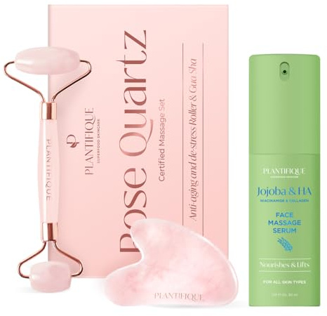 PLANTIFIQUE Rosenquarz Gesichtsroller und Gua Sha Stein Set für Gesichtsmassage und reduziert Schwellungen & Jojobaöl & Hyaluronsäure Gesichtsserum für Gua Sha Massage, 30 ml