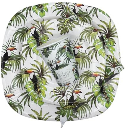 PartyBIO Set Jungle, Set de vaisselle jetable biodégradable pour fêtes avec assiettes en papier, gobelets en papier, serviettes