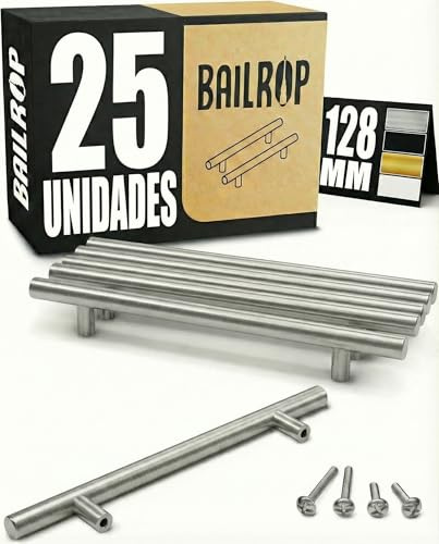 BAILROP Griffe für Küchenschränke Silber, Schrankgriffe 128MM – Küchengriffe, Türgriffe Küche und Möbel-Türen, Schrankgriffe Edelstahl, Möbelgriffe, 25 Stück