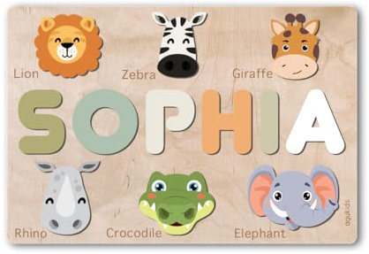 Individuell gestaltbares Holzpuzzle mit Tieren und Namen | perfekt für den ersten Geburtstag | Einzigartiges Lernspielzeug für Kleinkinder