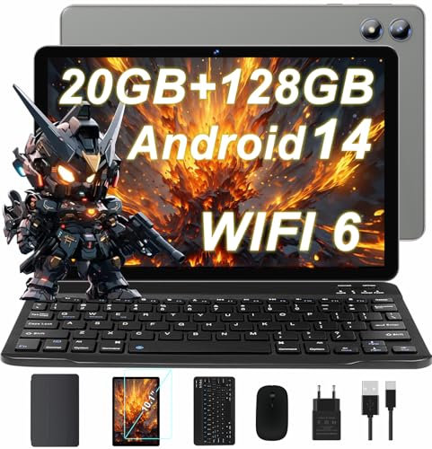 JUEDUR Neueste Android 14 Tablet 10 Zoll, 20GB RAM+128GB ROM(1TB TF), 5G+2.4G WiFi 6, Octa-Core 1.8 GHz, Widevine L1, 1280 * 800, 6000mAh, 5MP+8MP, BT5.0, Tablet mit Tastatur - Mars Grau