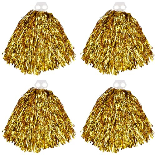 CREATCABIN 4 Stück Pompons Kunststoff Mit Metallischer Folie Cheerleading Pompons Mit Stabgriff Cheerleader Pompons Für Sportspiele Anfeuerungstraining Partys Tanzen Bühnenauftritte Feiern 36x36cm
