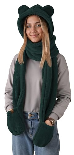 VIVISENCE Damen 3-In-1 Teddybär Kapuze Schal Und Fäustlinge One Size