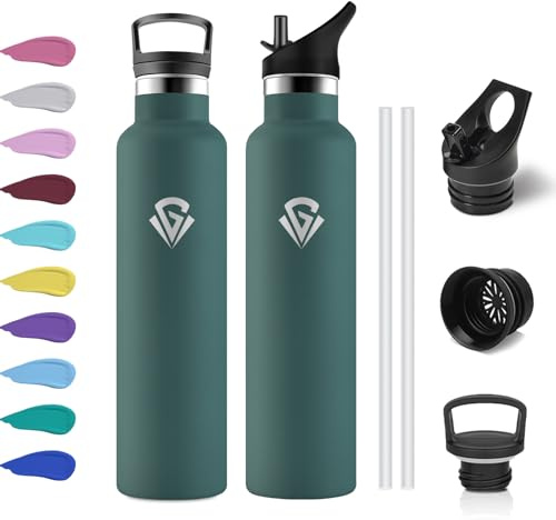 Gourde Isotherme 1L, Bouteille d'eau Acier Inoxydable, Étanche et Réutilisable, sans BPA, Gourdes avec Paille, Bouteille Isotherme pour Jogging, l'école, Camping, Randonnée, Course à Pied, Gym