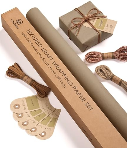 Vitalizart Rotolo di Carta da Regalo Kraft 76 cm x 5 m con Nastri di Spago & Biglietti Regalo, Set di Carta da Regalo Marrone per Confezionare Regali di Natale, Compleanni, Baby Shower e Matrimoni