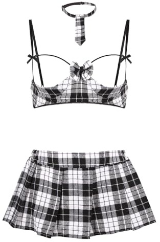KFLY Sexy School Girl Cosplay Lingerie Costume JK Uniform Lace 1/4 Cup Bra Exposed Breasts Mini Ruffle Pleated Skirt Hollow Cross Straps Chemise Underwear for Valentines