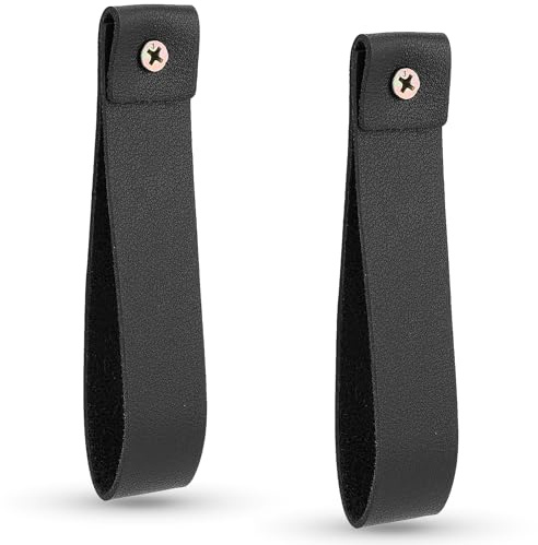 2PCS PU Leather Wall Hooks, 1x4.7 Inch Wall Hanging Strap, Leather Curtain Rod Holder, Boho Decorative Wall-Mount Straps, Wall-Mounted Towel Hanger Loop for Bathroom, Kitchen and Bedroom (Black)