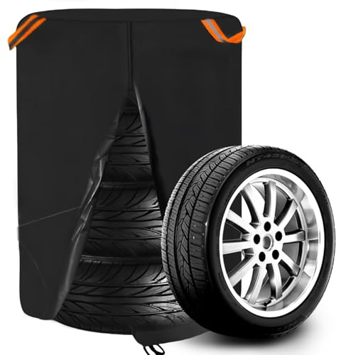 Sac de pneu de voiture étanche à la poussière - Housse de pneu universelle 420D robuste avec fermeture éclair - Housse étanche pour pneus de voiture - Rangement pour 4 pneus - Noir (diamètre 73 x H