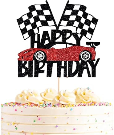 Auroriel Happy Birthday Cake Topper Race Car Tortendeko Glitzer Auto Geburtstag Schild Cupcake Zubehör Fotorequisiten Kindergeburtstag Rennwagen Karierte Flagge Party Dekorationen