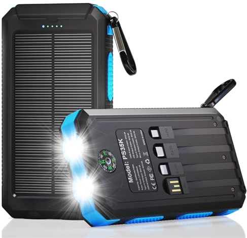 Durecopow 20,000mAh Solar Charger Power Bank 4 Cables 3 Ports Yellow