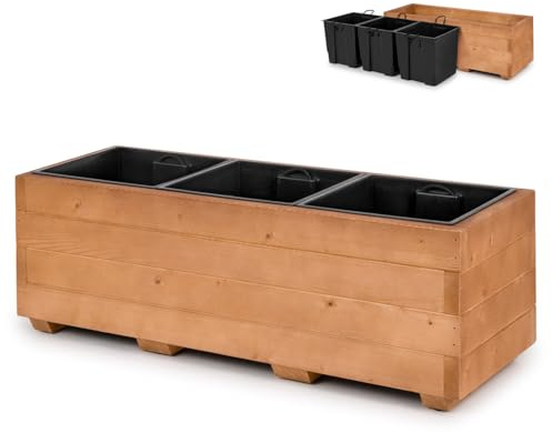 alfalux Blumentopf Holz - Pflanzkübel Übertopf Blumenkasten - mit DREI Kunststoffeinsätzen Herausnehmbar - 91 x 33 x 32 cm - Nuss Braun 91KAN3332NU