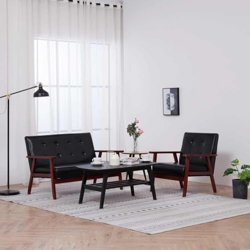 RMIHSJG 2-TLG. Sofagarnitur Schwarz Kunstleder, Sessel und 2-Sitzer Sofa Set mit Massivholzrahmen, Bequeme Polsterung, Skandinavisches Design für Wohnzimmer, Langlebige Sitzgruppe,