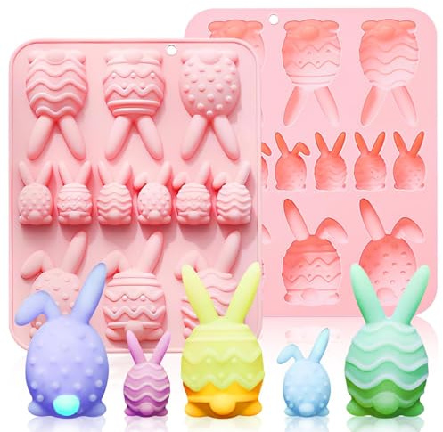 Fuehbur Easter 12 Bunny-Eggs in Different Size Shaped Candy Silicone Molds 2PCS, Chocolate Moulds with Large and Small Rabbit-Eggs Design, 12 Cavity Ice Baking Tray for Cake Desserts Making - 2 Pack