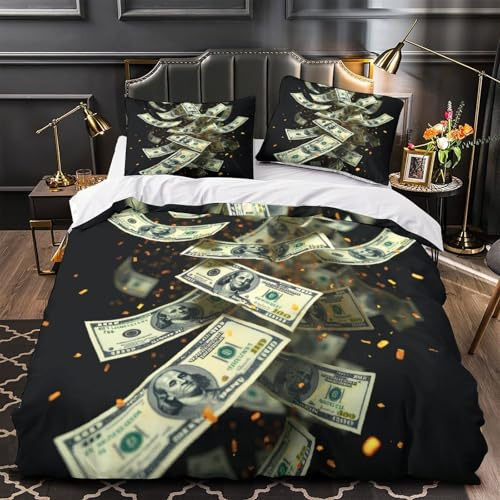 RJAVAGFZL Soldi che cadono Impressione 3D 3 pz coperteletto Stile del flusso di cassa fodera per edredone microfibra traspirante antiacari per bambini donne adulti Double（200x200cm）