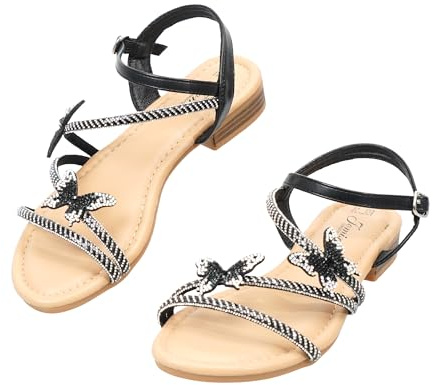 JOMIX Sandalia Mujer Planas con Mariposa de Strass, Hebilla Ajustable en el Tobillo, Zapatillas Sandalias de Verano Cómodas para Ocio y Vacaciones
