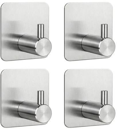 Toxvanne Towel Hooks, 4 Pack Self Adhesive Hooks, Heavy Duty Wall Mounted Racks, Rustproof Stainless Steel Tea Towel Holders for Bathroom, Kitchen, Shower Door and Hotel Use（Sliver）