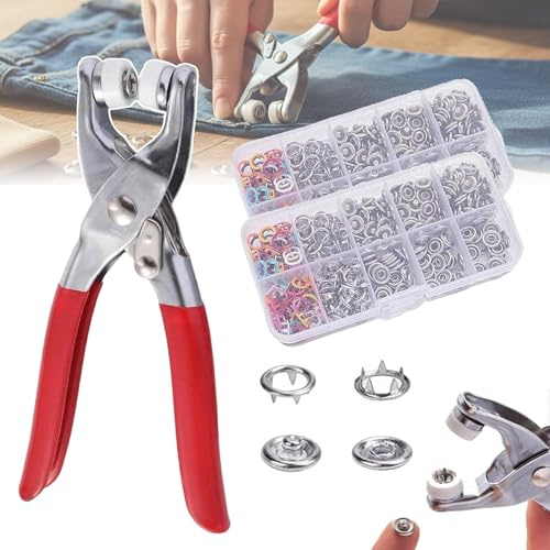 Kit di pinze per bottoni a pressione 200 pezzi, strumento di chiusura a scatto manuale con bottoni a pressione in metallo colorato, pinze a pressione invisibili per tessuto in pelle fai da te